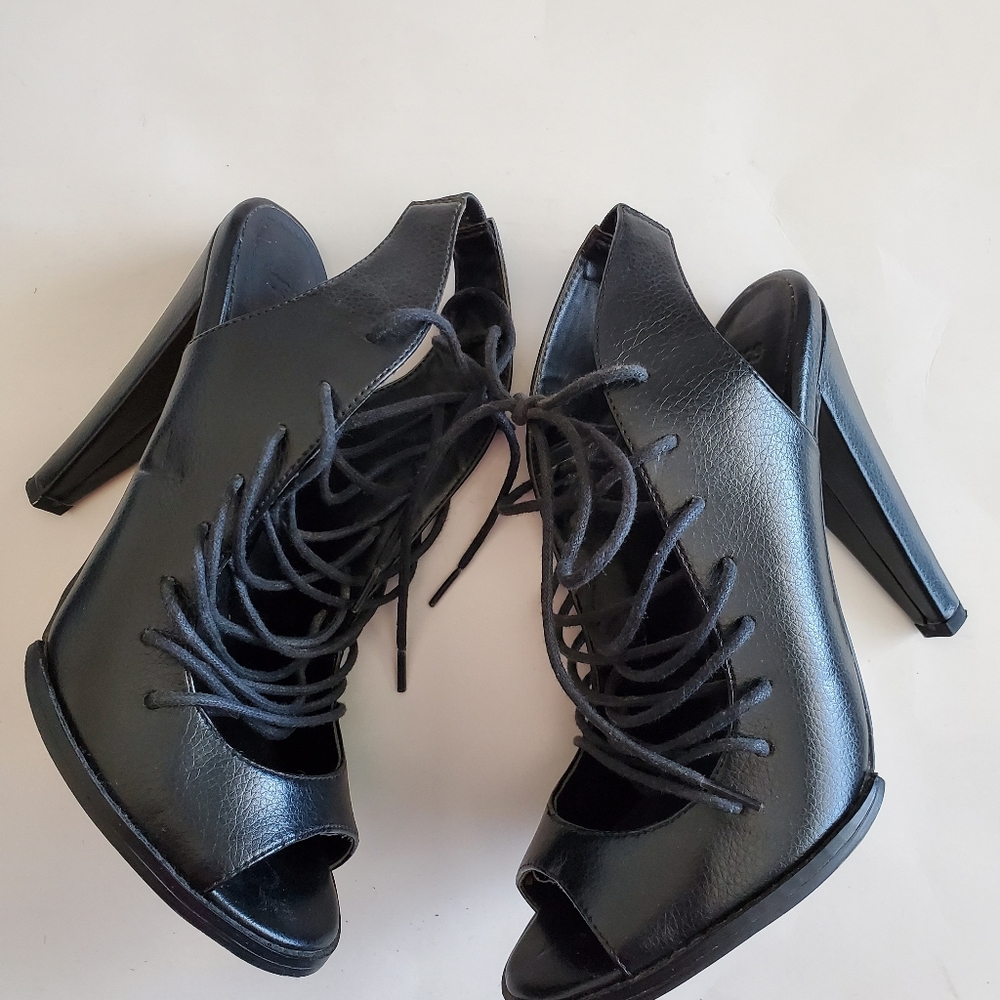 Asos Lace Up Open Toe Heels, Black, Size US 8